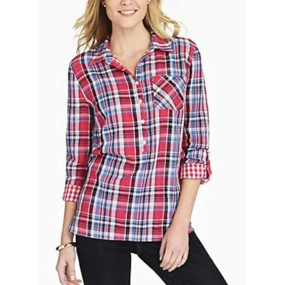 Talbots Women's Flannel Popover Shirt Pink Thick Plaid Roll Sleeve Size Medium - Picture 1 of 8